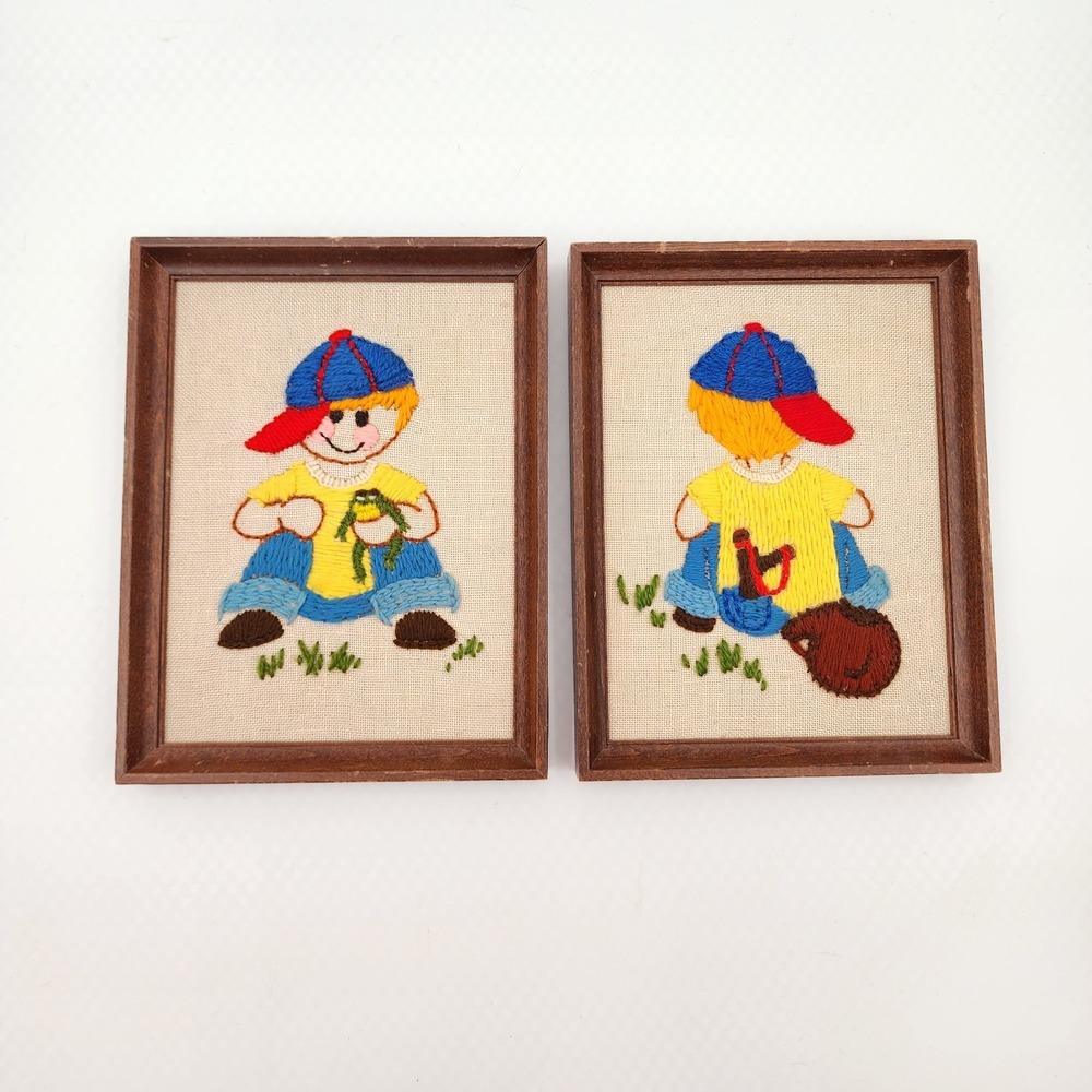 Vintage 70s Arts by Alexander Crewel Embroidery Boy Frog Slingshot Framed Set 2